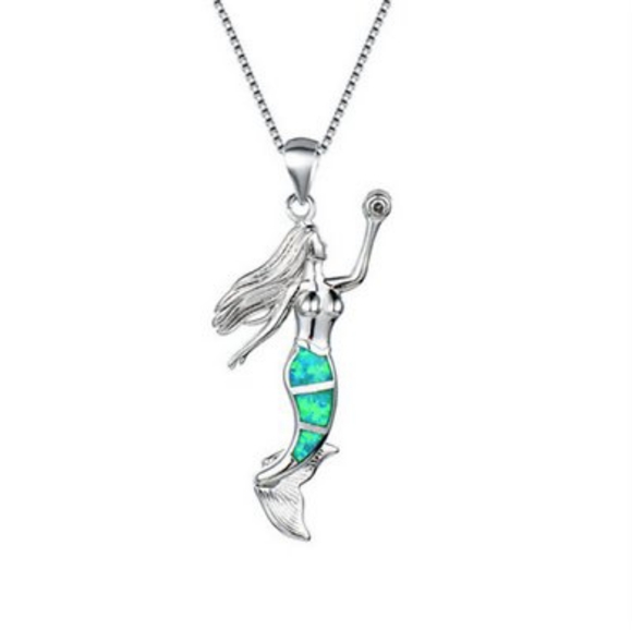 925 Silver Mermaid Green Fire Opal Necklace - Picture 4 of 4